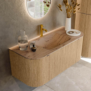 MONDIAZ KURVE-DLUX 110cm badmeubel ronding Links + Rechts kleur Oak met 1 lade en 2 deuren. Wastafel CLOUD Midden 1 kraangat Arena.