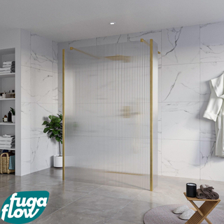 FugaFlow Eccelente Vetro Vrijstaande inloopdouche badkamer - 140x200cm - Helder geribbeld - antikalk - 8mm veiligheidsglas - 2 zijwanden 40cm - met wandarmen en hoekprofielen - Messing geborsteld (goud) -
