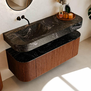 MONDIAZ THOR-DLUX 130cm meuble de salle de bains arrondi gauche + droite couleur Ruby avec 1 tiroir et 2 portes. Vasque suspendue CLOUD Gauche sans trou de robinet couleur Lava.