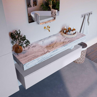 Mondiaz ALAN-DLUX Ensemble de meuble - 150cm - meuble Cale mat - 1 tiroir - Lavabo Cloud Glace suspendu - vasque Centre - 0 trous de robinet