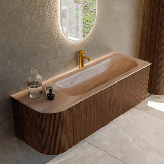 MONDIAZ KURVE-DLUX 135cm badmeubel ronding Links kleur Walnut met 1 lade en 1 deur. Wastafel BIG MEDIUM Rechts 1 kraangat Saba.