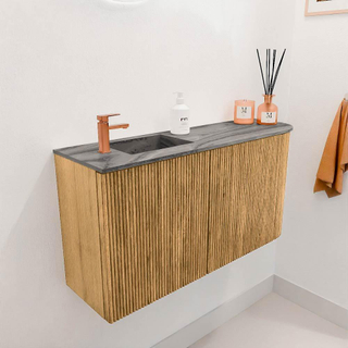 Mondiaz JOYA-DLUX Meuble de salle de bains 81,6cm - arrondi droit couleur Chêne - Vasque FAYE position Gauche 1 trou de robinet couleur Sombra.