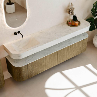 MONDIAZ THOR-DLUX 200cm meuble de salle de bains arrondi gauche + droite couleur Dusk avec 2 tiroirs et 2 portes. Vasque suspendue CLOUD Gauche sans trou de robinet couleur Opalo.