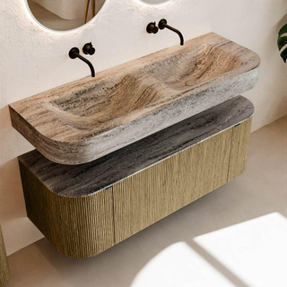 MONDIAZ THOR-DLUX 130cm meuble de salle de bains arrondi gauche + droite couleur Dusk avec 1 tiroir et 2 portes. Vasque suspendue CLOUD Double sans trou de robinet couleur Oza.