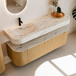 MONDIAZ THOR-DLUX 150cm meuble de salle de bains arrondi gauche + droite couleur Chêne avec 1 tiroir et 2 portes. Vasque suspendue CLOUD Gauche 1 trou de robinet couleur Nata.