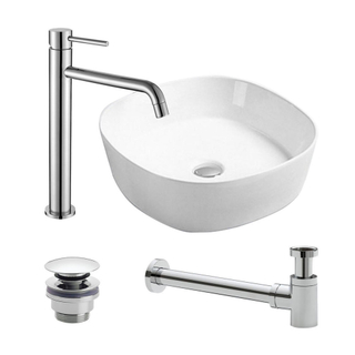 FugaFlow Eccelente Arredo vasque à poser 44x44x13.5cm avec robinet et vidange bas Carré porcelaine Chrome