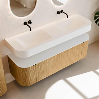 MONDIAZ THOR 150cm meuble de salle de bains arrondi gauche + droite couleur Oak avec 1 tiroir et 2 portes. Vasque suspendue CLOUD Double sans trou de robinet couleur Talc.