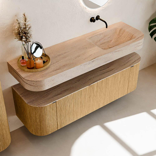 MONDIAZ THOR-DLUX 150cm meuble de salle de bains arrondi gauche + droite couleur Oak avec 1 tiroir et 2 portes. Vasque suspendue CLOUD Droite sans trou de robinet couleur Saba.