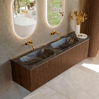 MONDIAZ KURVE-DLUX 165cm Meuble salle de bain avec module 25 D - couleur Walnut - 2 tiroirs - 1 porte - vasque STOR SMALL double / gauche - sans trou de robinet - couleur Lava