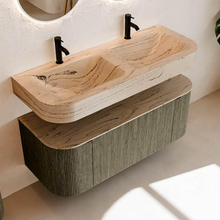 MONDIAZ THOR-DLUX 120cm meuble de salle de bains arrondi gauche + droite couleur Shadow avec 1 tiroir et 2 portes. Vasque suspendue CLOUD Double 2 trous de robinet couleur Arena.