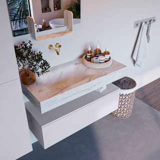 Mondiaz ALAN-DLUX Ensemble de meuble - 100cm - meuble Cale mat - 1 tiroir - Lavabo Cloud Frappe suspendu - vasque Gauche - 0 trous de robinet