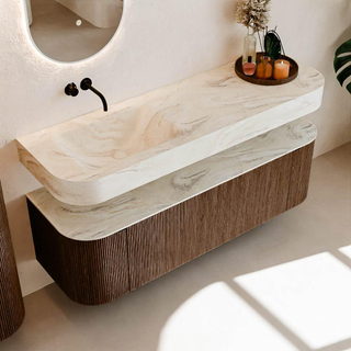 MONDIAZ THOR-DLUX 150cm meuble de salle de bains arrondi gauche + droite couleur Walnut avec 1 tiroir et 2 portes. Vasque suspendue CLOUD Gauche sans trou de robinet couleur Ostra.