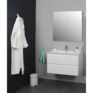 Basic Bella Meuble avec lavabo en porcelaine 1 trou de robinet 80x55x46cm avec armoire toilette à 2 portes gris Blanc brillant
