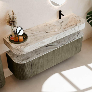 MONDIAZ THOR-DLUX Meuble de salle de bains 160cm arrondi gauche + droite couleur Shadow avec 1 tiroir et 2 portes. Vasque suspendue CLOUD Droite 1 trou de robinet couleur Glace.