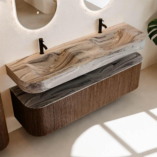 MONDIAZ THOR-DLUX Meuble de salle de bains - 160cm - arrondi gauche + droite - couleur Walnut - 1 tiroir - 2 portes - Vasque suspendue CLOUD Double 2 trous de robinet - couleur Sombra