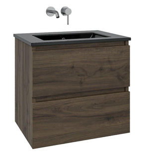 Adema chaci ensemble de meubles de salle de bains 61x46x57cm avec 2 tiroirs sans poignée noir lavabo en céramique sans trou pour robinetterie noyer