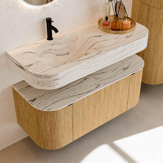 MONDIAZ THOR-DLUX 110cm meuble de salle de bains arrondi gauche + droite couleur Oak avec 1 tiroir et 2 portes. Vasque suspendue CLOUD Gauche 1 trou de robinet couleur Nata.