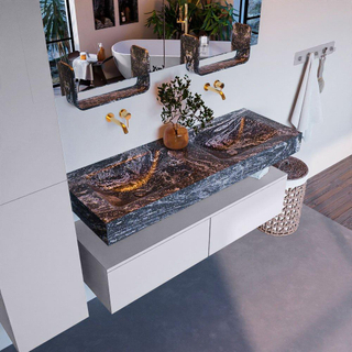 Mondiaz ALAN-DLUX Ensemble de meuble - 130cm - meuble Cale mat - 2 tiroirs - Lavabo Cloud Lava suspendu - vasque Gauche et droite - 0 trous de robinet