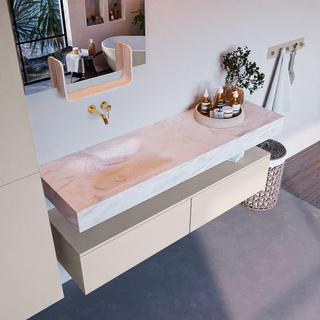 Mondiaz ALAN-DLUX Ensemble de meuble - 150cm - meuble Linen mat - 2 tiroirs - Lavabo Cloud Ostra suspendu - vasque Gauche - 0 trous de robinet