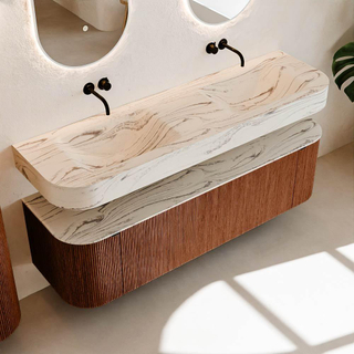 MONDIAZ THOR-DLUX 160cm meuble de salle de bains arrondi gauche + droite couleur Ruby avec 1 tiroir et 2 portes. Vasque suspendue CLOUD Double sans trou de robinet couleur Nata.