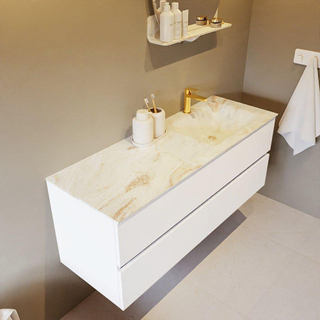 Mondiaz VICA-DLUX ensemble de meuble de salle de bain - 130cm - meuble sous lavabo talc - 4 tiroirs - lavabo encastré cloud droite - 1 trou de robinet - version haute de 60cm - frape