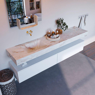 Mondiaz ALAN-DLUX Ensemble de meuble - 200cm - meuble Talc mat - 2 tiroirs - Lavabo Cloud Frappe suspendu - vasque Gauche - 0 trous de robinet