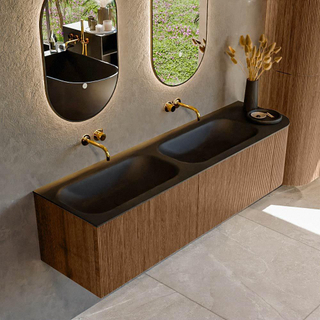 MONDIAZ KURVE 165cm Meuble salle de bain avec module 25 D - couleur Walnut - 2 tiroirs - 1 porte - vasque BIG SMALL double / gauche - sans trous de robinet - Urban