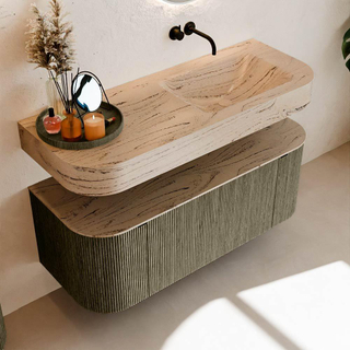 MONDIAZ THOR-DLUX 120cm meuble de salle de bains arrondi gauche + droite couleur Shadow avec 1 tiroir et 2 portes. Vasque suspendue CLOUD droite sans trou de robinet couleur Arena.