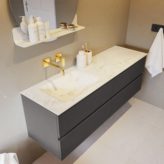 Mondiaz VICA-DLUX ensemble de meuble de salle de bain - 150cm - meuble sous-vasque gris foncé - 4 tiroirs - lavabo encastré cloud gauche - sans trous de robinet - version haute de 60cm - opalo