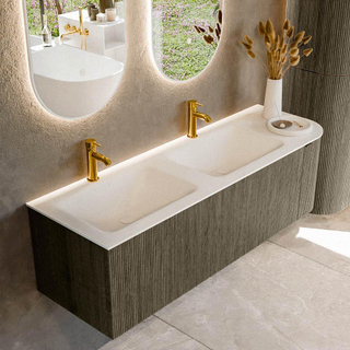 Mondiaz KURVE Ensemble de meuble salle de bain - 145x46x40cm - 1 tiroir - 1 porte - lavabo en solid surface - double / gauche - 2 trous de robinet - Shadow