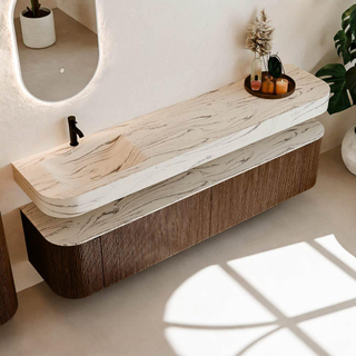 MONDIAZ THOR-DLUX 200cm meuble de salle de bains arrondi gauche + droite couleur Walnut avec 2 tiroirs et 2 portes. Vasque suspendue CLOUD gauche 1 trou de robinet couleur Nata.