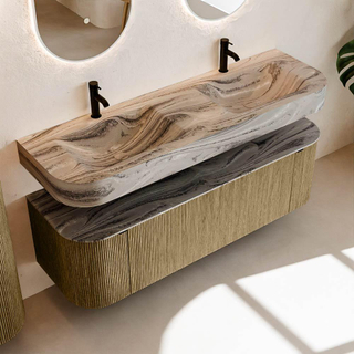 MONDIAZ THOR-DLUX 150cm meuble de salle de bains arrondi gauche + droite couleur Dusk avec 1 tiroir et 2 portes. Vasque suspendue CLOUD Double 2 trous de robinet couleur Sombra.