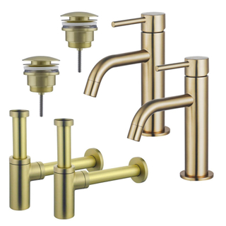 Fortifura Calvi Kit robinet lavabo - pour double vasque - robinet bas - bonde clic clac - siphon design - Laiton brossé PVD