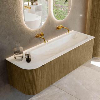 Ensemble de meuble de salle de bain Mondiaz KURVE-DLUX - 145x46x40cm - 1 tiroir - 1 porte - lavabo en solid surface - droite - sans trou de robinet - Dusk