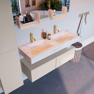 Mondiaz ALAN-DLUX Ensemble de meuble - 120cm - meuble Linen mat - 2 tiroirs - Lavabo Cloud Ostra suspendu - vasque gauche et droite - 2 trous de robinet
