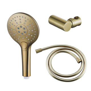 FugaFlow Eccelente Ensemble douchette à main - Ø12 - rond - 3 types de jets - avec support - avec flexible lisse - 150cm - Laiton brossé PVD (Or)