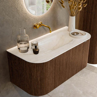 MONDIAZ KURVE-DLUX 100cm Meuble salle de bain avec module 25 G et D - couleur Walnut - 1 tiroir - 2 portes - vasque GRUNNE centre - sans trou de robinet - couleur Ostra