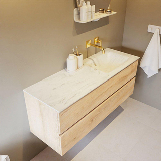 Mondiaz VICA-DLUX ensemble de meuble de salle de bain - 130cm - meuble sous-vasque chêne blanchi - 2 tiroirs - lavabo encastré cloud droite - sans trous de robinet - version haute de 60cm - opalo