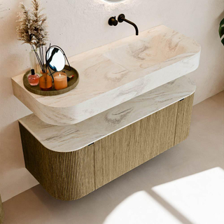 MONDIAZ THOR-DLUX 120cm meuble de salle de bains arrondi gauche + droite couleur Dusk avec 1 tiroir et 2 portes. Vasque suspendue CLOUD Droite sans trou de robinet couleur Ostra.