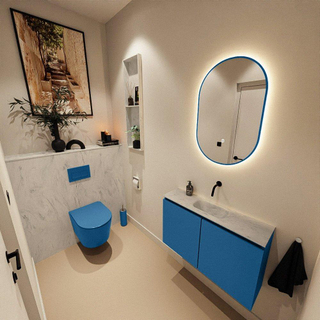 MONDIAZ TURE-DLUX Meuble toilette - 80cm - Jeans - EDEN - vasque Opalo - position centrale - sans trou de robinet