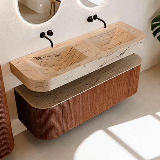 MONDIAZ THOR-DLUX Meuble de salle de bains 140cm arrondi gauche + droite couleur Ruby avec 1 tiroir et 2 portes. Vasque suspendue CLOUD Double sans trou de robinet couleur Arena.