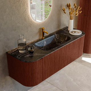 Ensemble de meuble de salle de bain Mondiaz KURVE-DLUX - 140x46x40cm - 1 tiroir - 2 portes - lavabo en solid surface - milieu - 1 trou de robinet - Ruby