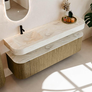 MONDIAZ THOR-DLUX Meuble de salle de bains 170cm arrondi gauche + droite couleur Dusk avec 1 tiroir et 2 portes. Vasque suspendue CLOUD Gauche 1 trou de robinet couleur Ostra.