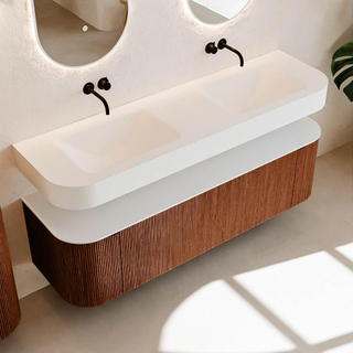 MONDIAZ THOR Meuble de salle de bains 160cm arrondi gauche + droite couleur Ruby avec 1 tiroir et 2 portes. Vasque suspendue CLOUD Double sans trou de robinet couleur Talc.