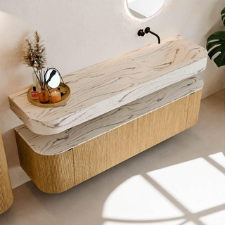 MONDIAZ THOR-DLUX Meuble de salle de bains - 170cm - arrondi gauche + droite - couleur Oak - 1 tiroir - 2 portes - Vasque suspendue CLOUD droite sans trou de robinet - couleur Nata