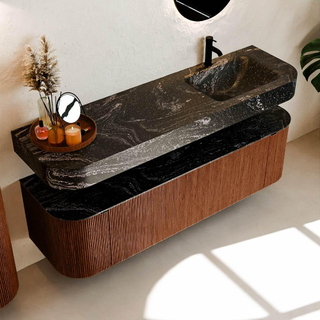 MONDIAZ THOR-DLUX 160cm meuble de salle de bains arrondi gauche + droite couleur Ruby avec 1 tiroir et 2 portes. Vasque suspendue CLOUD Droite 1 trou de robinet couleur Lava.