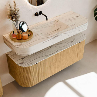 MONDIAZ THOR-DLUX 130cm meuble de salle de bains arrondi gauche + droite couleur Oak avec 1 tiroir et 2 portes. Vasque suspendue CLOUD Milieu sans trou de robinet couleur Nata.