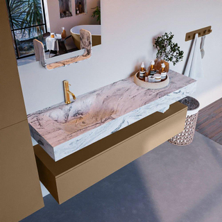 Mondiaz ALAN-DLUX Ensemble de meuble - 150cm - meuble Oro mat - 1 tiroir - Lavabo Cloud Glace suspendu - vasque Gauche - 1 trou de robinet