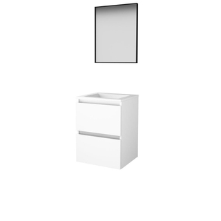 Basic-Line ensemble de meubles de salle de bain 50x46cm sans poignée 2 tiroirs lavabo acrylique 0 trous de robinetterie miroir noir mat cadre aluminium tout autour mdf laqué blanc glacier