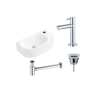 Fugaflow Efficiente Pietra Ensemble de fontaine - 40x21,5x12cm - droite - lisse - demi-ronde - 1 trou de robinet - céramique - robinet de fontaine chrome - bouchon de vidange - siphon abaissé - blanc mat